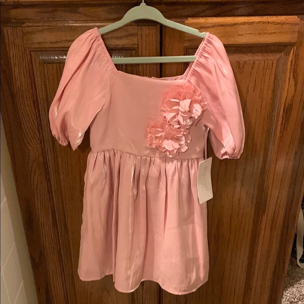 Pink Puff Sleeve Floral Applique Dress